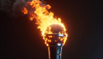 Microphone en flammes symbolisant un discours politique intense.