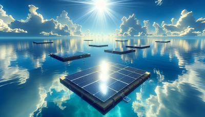 Schwimmende Solarmodule auf einem großen ruhigen See