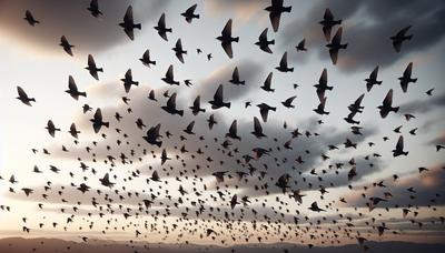 Un vol d'étourneaux volant indépendamment à travers le ciel.