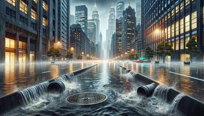 Calles de la ciudad inundadas con desagües de alcantarillado desbordados.