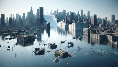 Cidade inundada com uma represa danificada ao fundo.