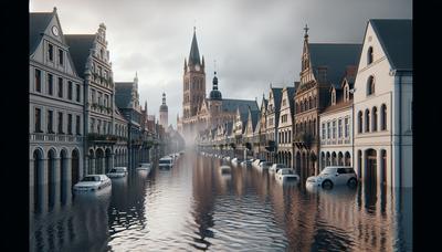 Überflutete europäische Stadt mit untergetauchten Autos und Gebäuden.