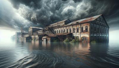 Usine inondée avec ciel orageux en arrière-plan.