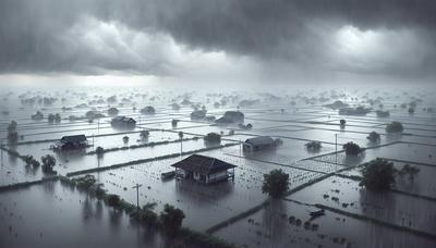 Casas inundadas e terras agrícolas submersas sob forte chuva.