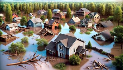 Paysage inondé avec des maisons endommagées et des arbres renversés.