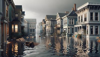 Quartier inondé avec des niveaux d'eau variés et des bâtiments.