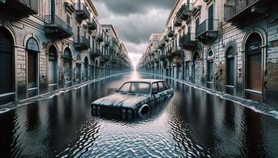 Strada allagata con auto abbandonata a Foggia.