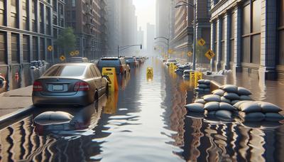 'Rua inundada com placas de cautela e sacos de areia.'