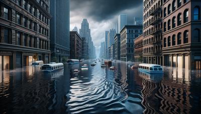 Rua inundada com carros e prédios submersos.