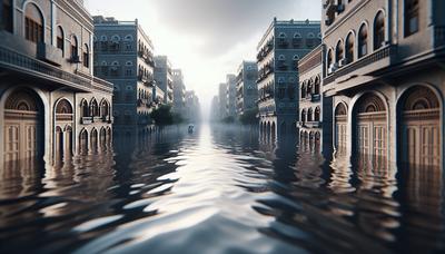 Überflutete Straßen und unter Wasser stehende Gebäude im Jemen.