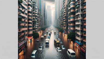 Strade allagate a Guangdong con veicoli e edifici sommersi.