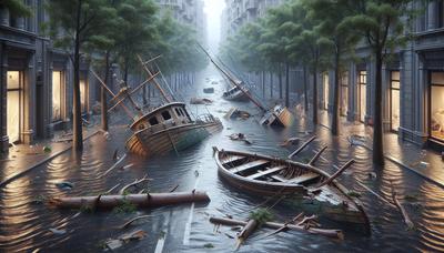 Les rues inondées avec des bateaux endommagés et des arbres tombés.