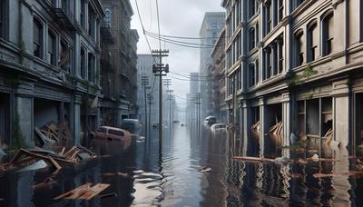 Calles inundadas con escombros y edificios dañados.