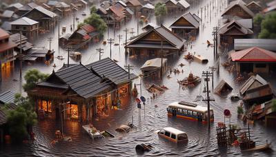 Rues inondées avec des maisons submergées et des véhicules renversés.