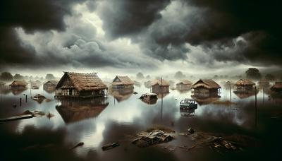 Village inondé avec des maisons submergées et des véhicules échoués.