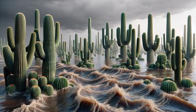 Aguas de inundación inundando el paisaje desértico con cactus sumergidos.