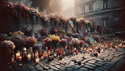 Flores y velas en un monumento improvisado en Kyiv.