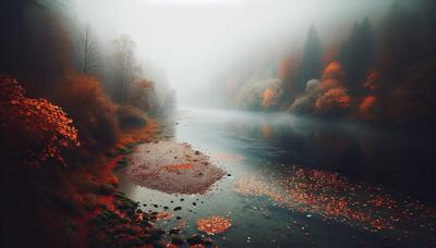 Berge de rivière brumeuse avec brouillard et feuilles d'automne.