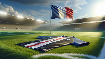 Terrain de football avec drapeau français et maillot vide.