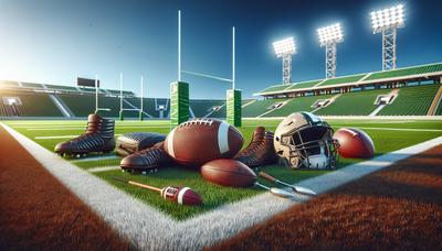 Terrain de football américain avec équipement de rugby et NFL.