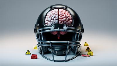 Casco de fútbol americano con ilustración del cerebro y señales de advertencia.