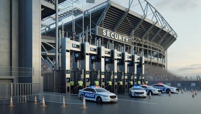 Beveiligingspoorten van het voetbalstadion en politieaanwezigheid.