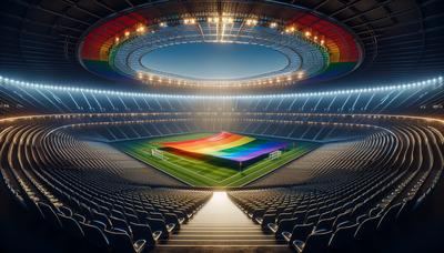 Stade de football avec des sièges vides et drapeau arc-en-ciel.