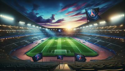 Stade de football avec des drapeaux du logo du Paris FC entreprise.