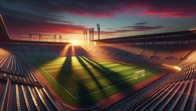 Stadio di calcio con tramonto e panchine vuote