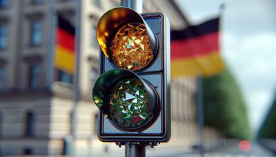 Zerbrochene Ampel mit deutscher Flagge im Hintergrund.