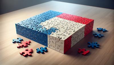 Piezas de rompecabezas de la bandera de Francia uniéndose.