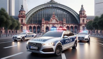 Polizeiautos mit Blaulicht am Frankfurter Hauptbahnhof.