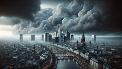 Frankfurter Skyline mit düsterer, wolkiger Atmosphäre.