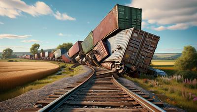 Déraillement d'un train de marchandises sur une voie ferrée rurale.