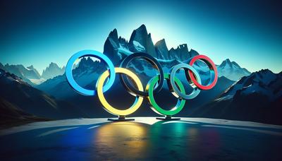 Silhouette des Alpes françaises avec des anneaux olympiques au premier plan