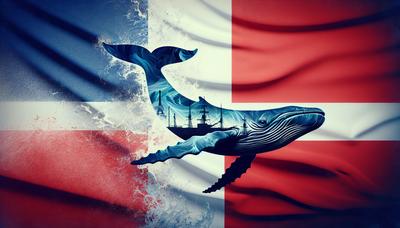 Drapeaux français et danois avec silhouette de baleine en arrière-plan