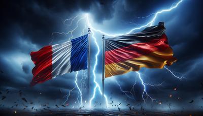 Bandiere francese e tedesca tensione sfondo tempesta di fulmini