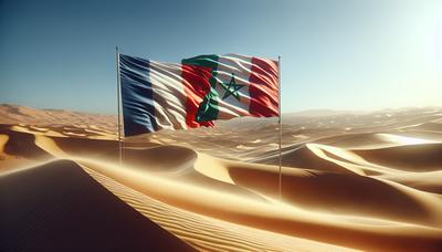 Drapeaux français et marocain dans un paysage désertique.