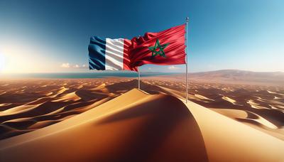 Drapeaux français et marocain sur paysage désertique.