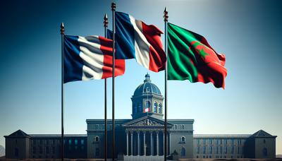 Drapeaux français et marocain avec une silhouette de palais de justice