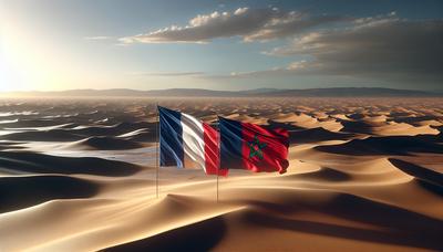 Drapeaux français et marocain avec un paysage désertique en arrière-plan.