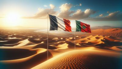 Drapeaux français et marocain avec le désert du Sahara en arrière-plan.