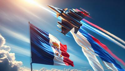 Drapeaux français et serbe avec un avion Rafale.