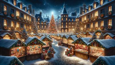 Marchés de Noël français avec lumières et décorations festives.