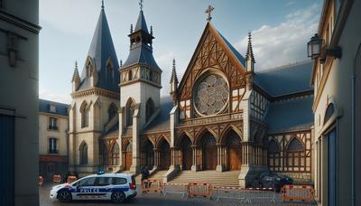 Extérieur d'une église française avec présence policière armée.