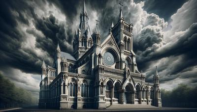 Église française avec des nuages sombres et menaçants au-dessus.