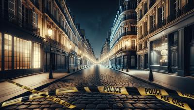 Rue de ville française avec ruban de police la nuit.