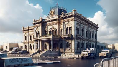 Bâtiment du consulat français à Jérusalem avec présence policière.