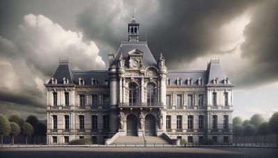 Bâtiment de palais de justice français avec un ciel nuageux en arrière-plan.