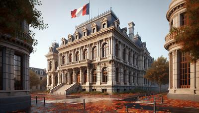 Façade du palais de justice français avec des feuilles d'automne et un drapeau.